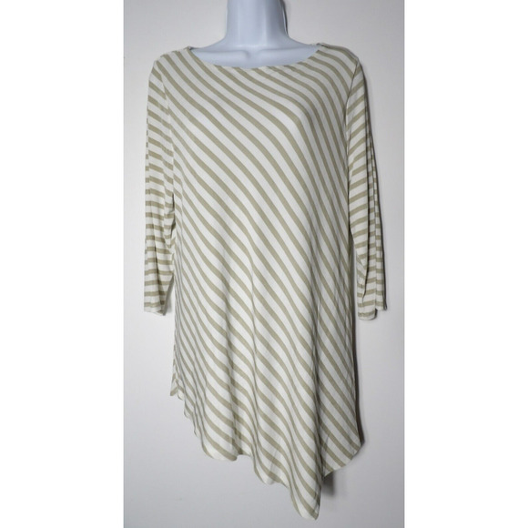 Chicos Travelers Tunic Top Shirt Sz 2 Large Striped Neutrals Asymmetrical Slinky - Picture 1 of 13